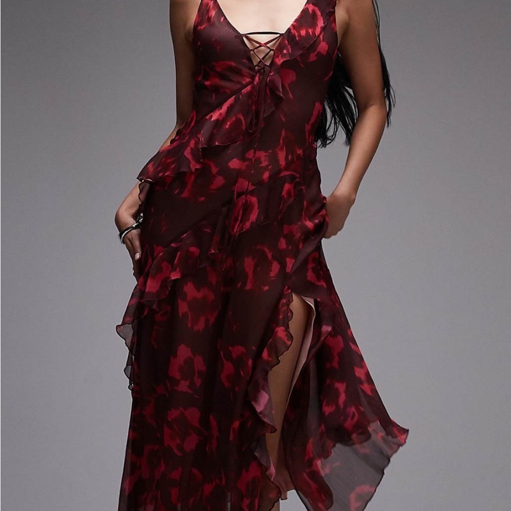 Topshop Red and Black Asymmetrical Ruffled Sundress
